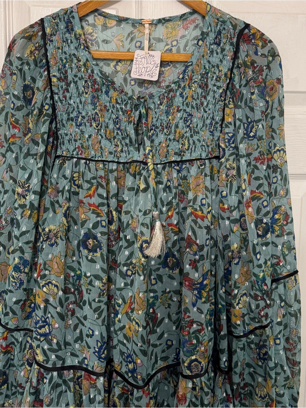 NWT Free People Floral Tiered Ruffled Swing Tunic Top Mini Dress Turquoise L - Picture 5 of 8